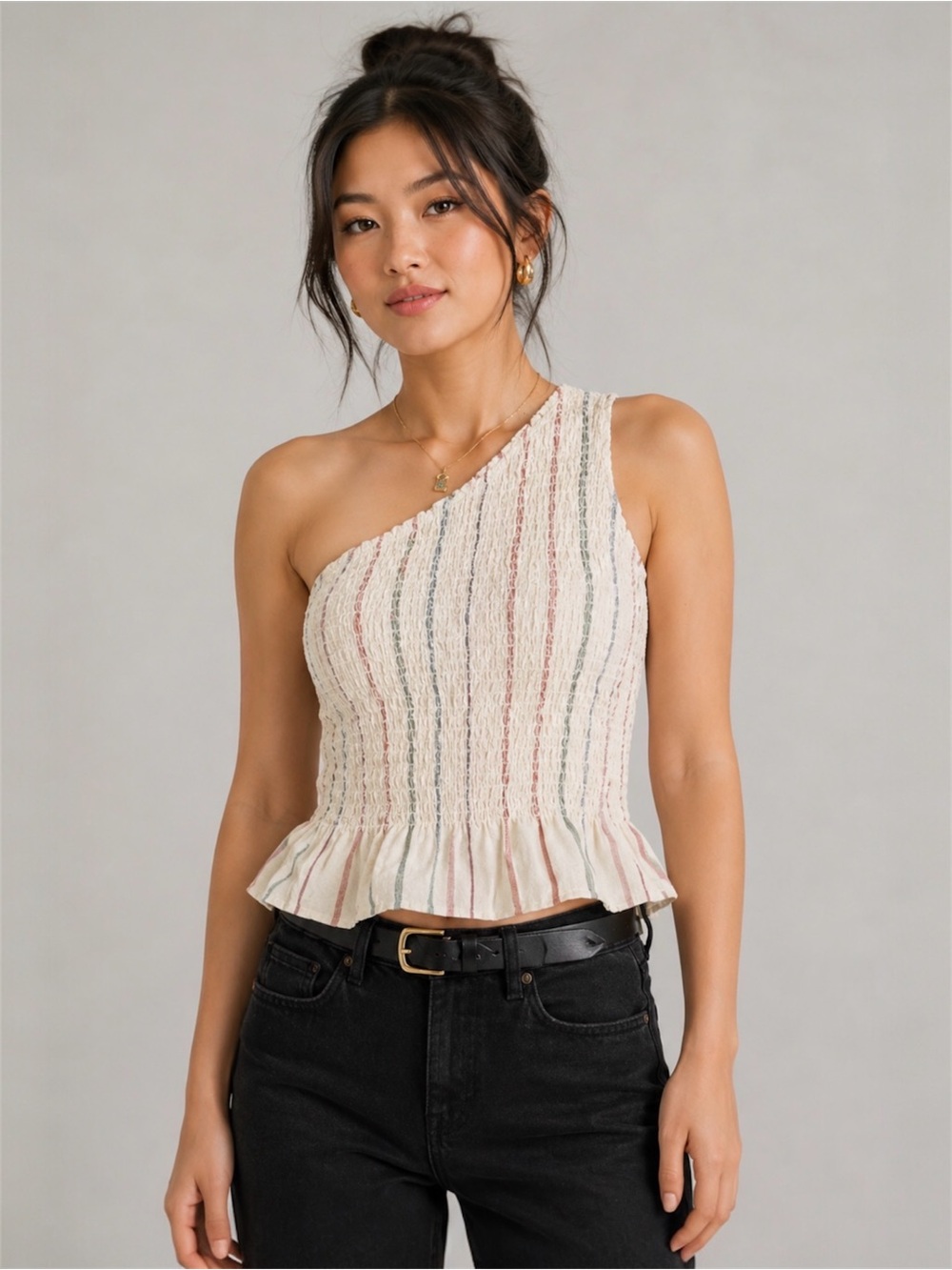 American Eagle One-Shoulder Smocked Ruffle Top Cream Pink Stripe Pattern, Small